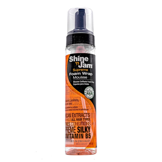 Shine-n-Jam Supreme Hold Foam Wrap Mousse - Fortified with Silk Proteins - Gives Your Styles Definition - Alcohol-Free Formula Conditions Hair with Provitamin B and African Extracts - 8 oz