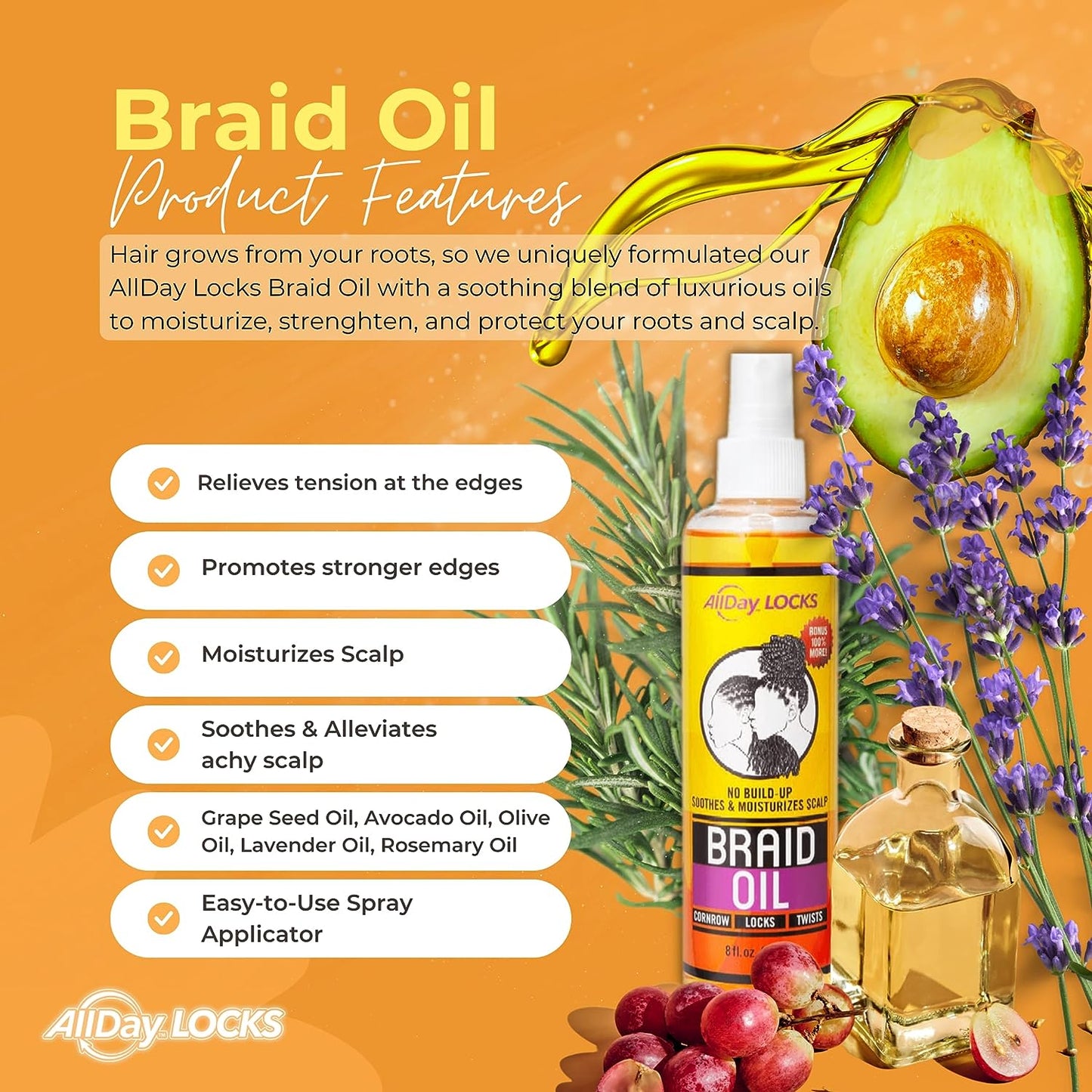 All Day Locks Braid Oil | Rejuvenates & Refreshes Braids, Locks, Twists, Cornrows | 8 oz