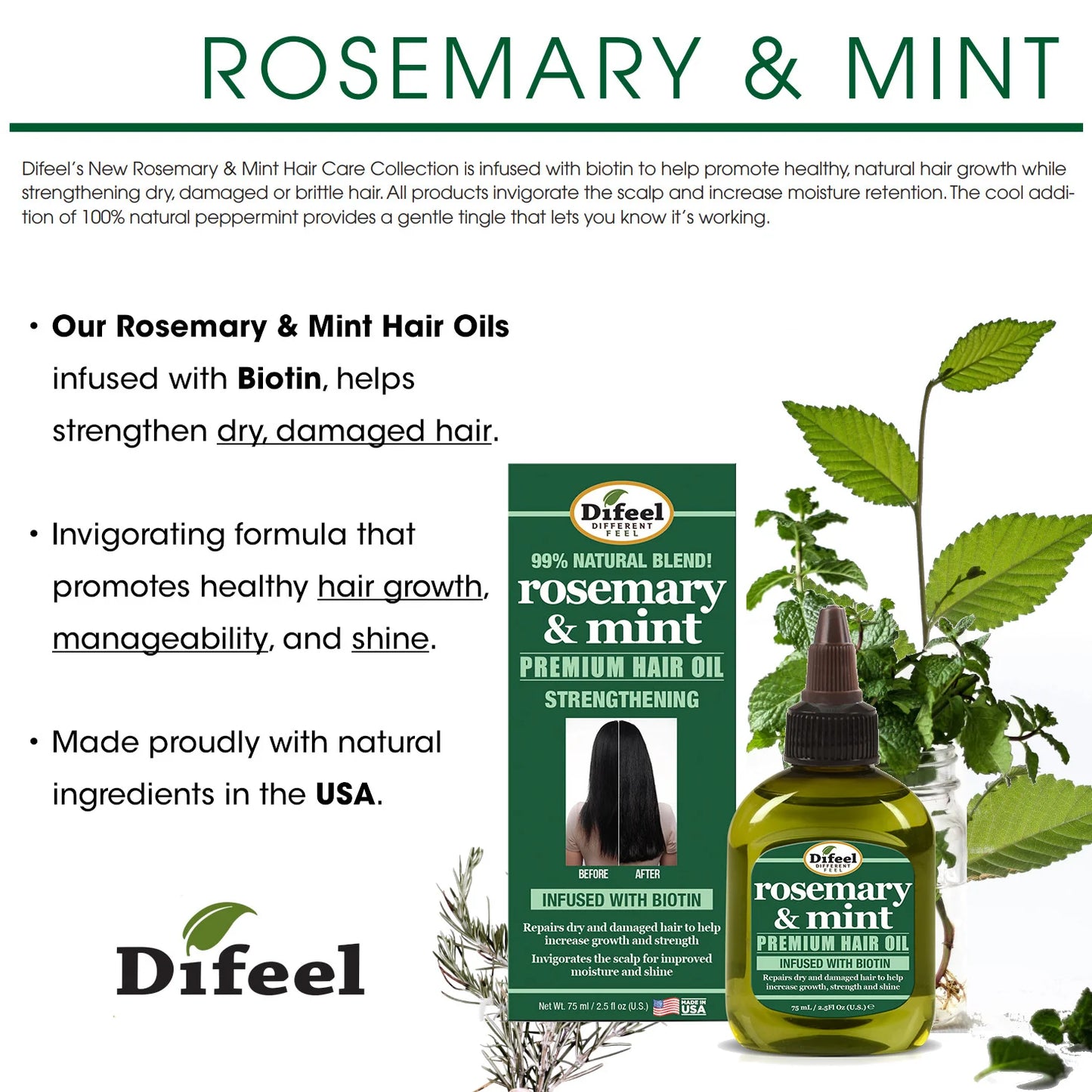 DIFEEL ROSEMARY AND MINT PREMIUM HAIR OIL WITH BIOTIN 2.5 oz